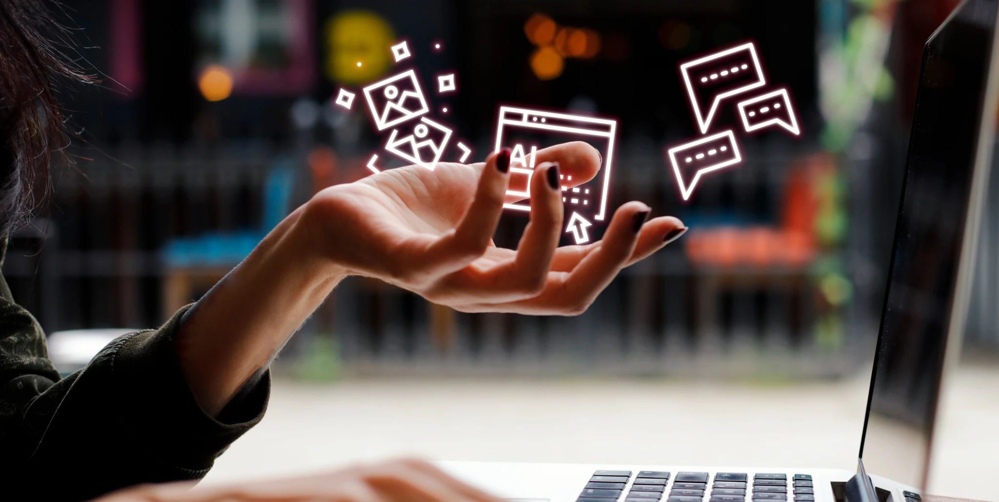 Woman holding ai icons with laptop